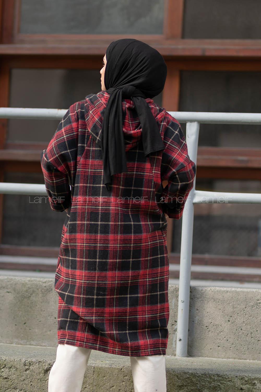 Modalamelif Reglan Kol Kapşonlu Ekose Kap Siyah Kırmızı