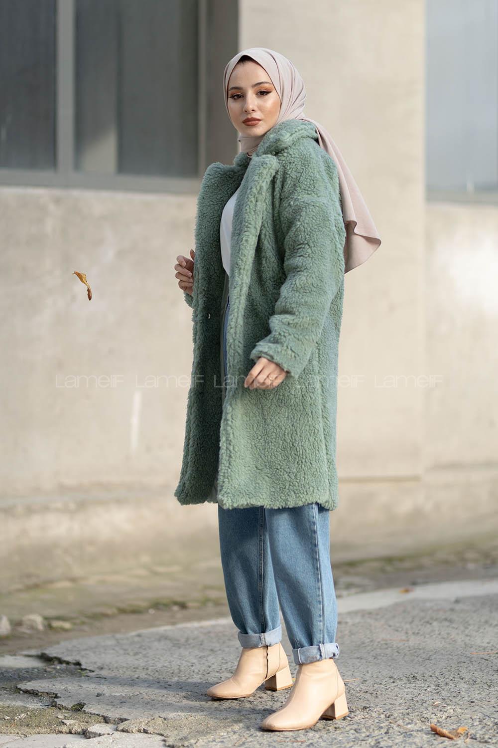 Modalamelif Yan Cepli Uzun Peluş Mont Çağla Yeşili