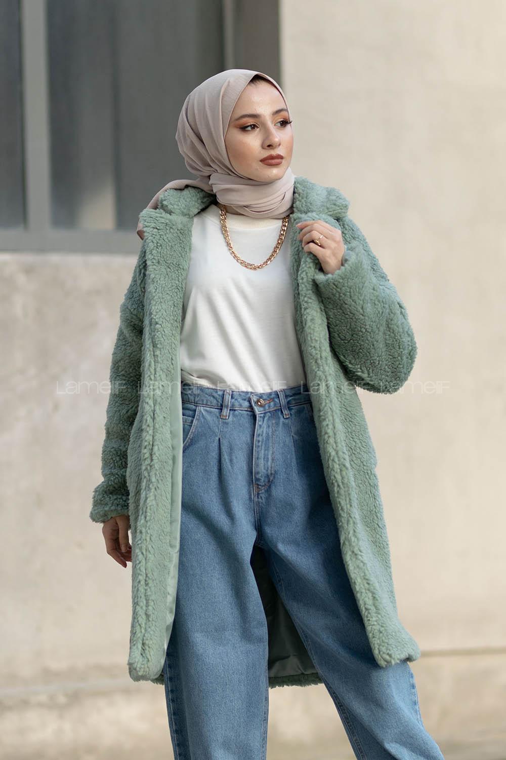 Modalamelif Yan Cepli Uzun Peluş Mont Çağla Yeşili