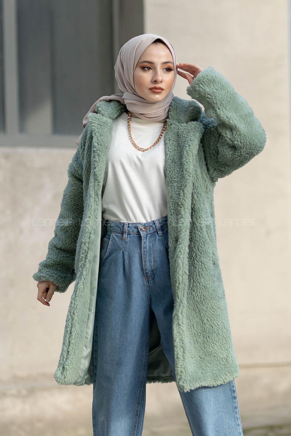 Modalamelif Yan Cepli Uzun Peluş Mont Çağla Yeşili