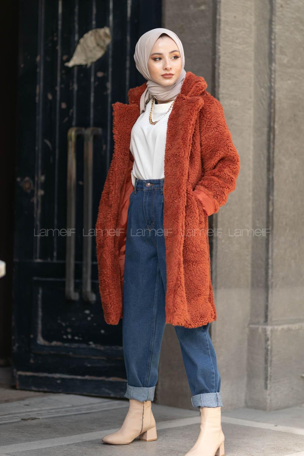 Modalamelif Yan Cepli Uzun Peluş Mont Kiremit