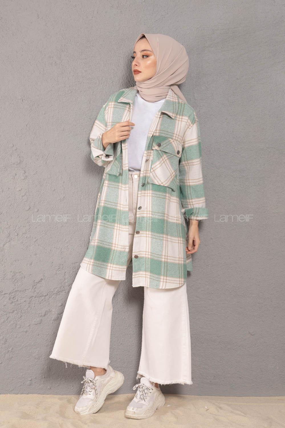 Modalamelif Körük Cepli Metal Düğme Ekose Gömlek Mint