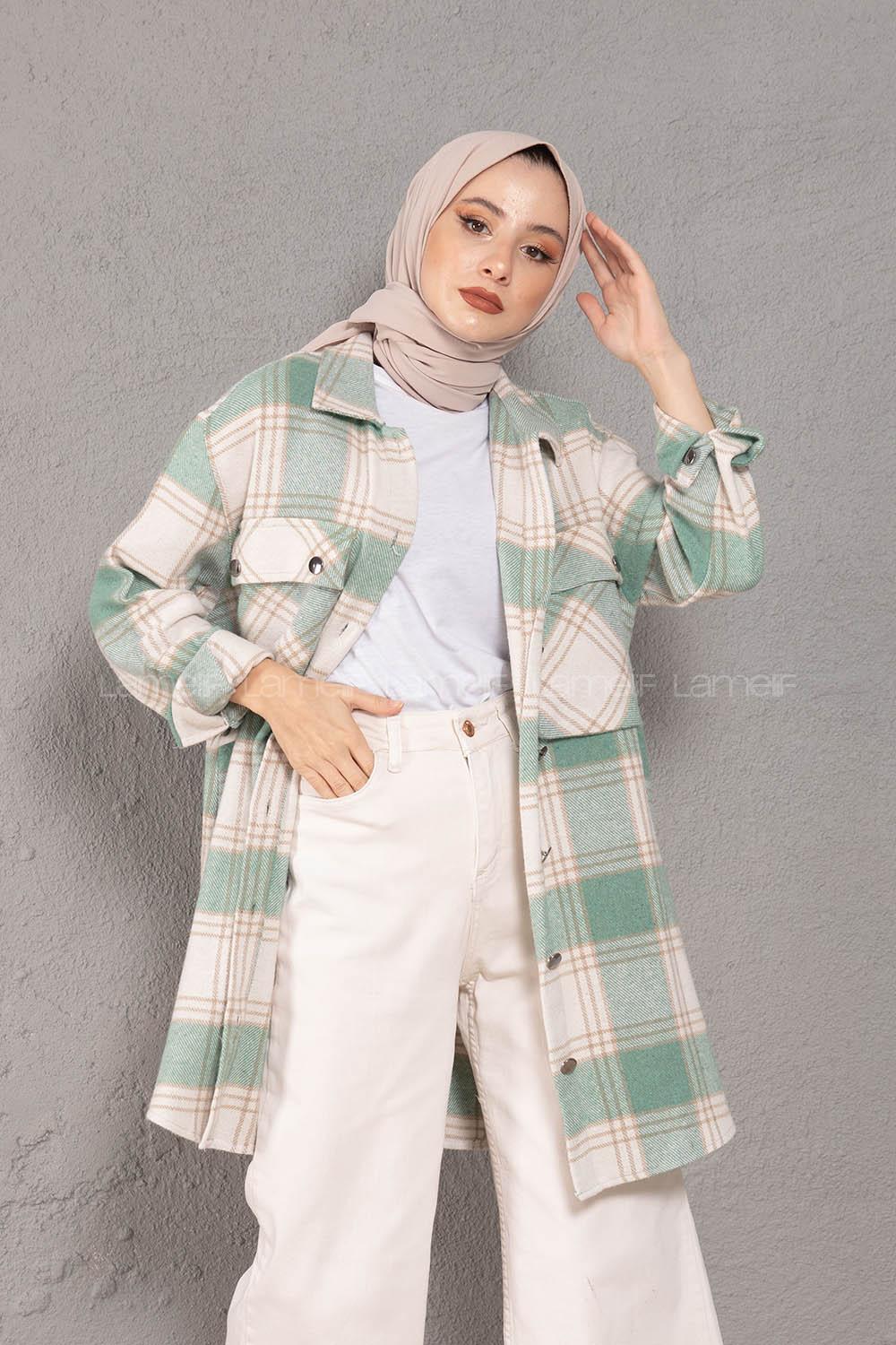 Modalamelif Körük Cepli Metal Düğme Ekose Gömlek Mint