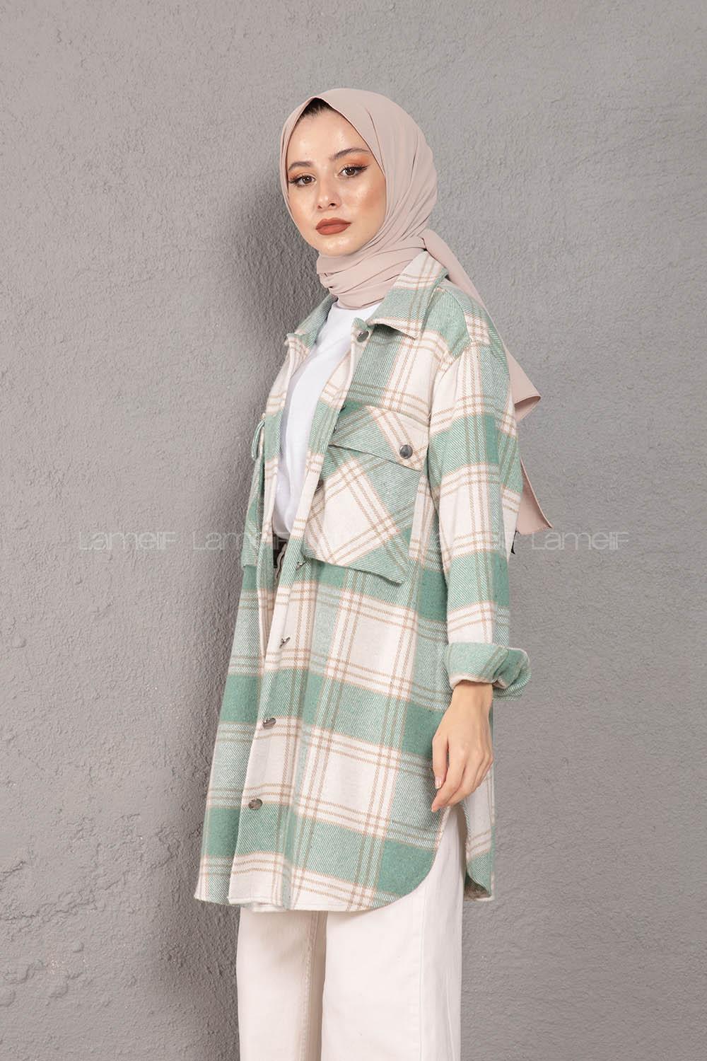 Modalamelif Körük Cepli Metal Düğme Ekose Gömlek Mint