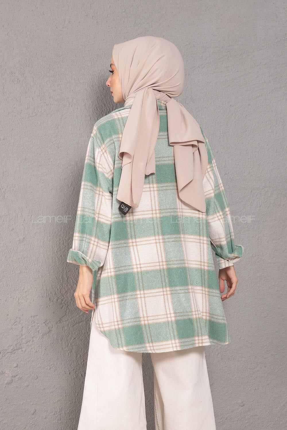 Modalamelif Körük Cepli Metal Düğme Ekose Gömlek Mint