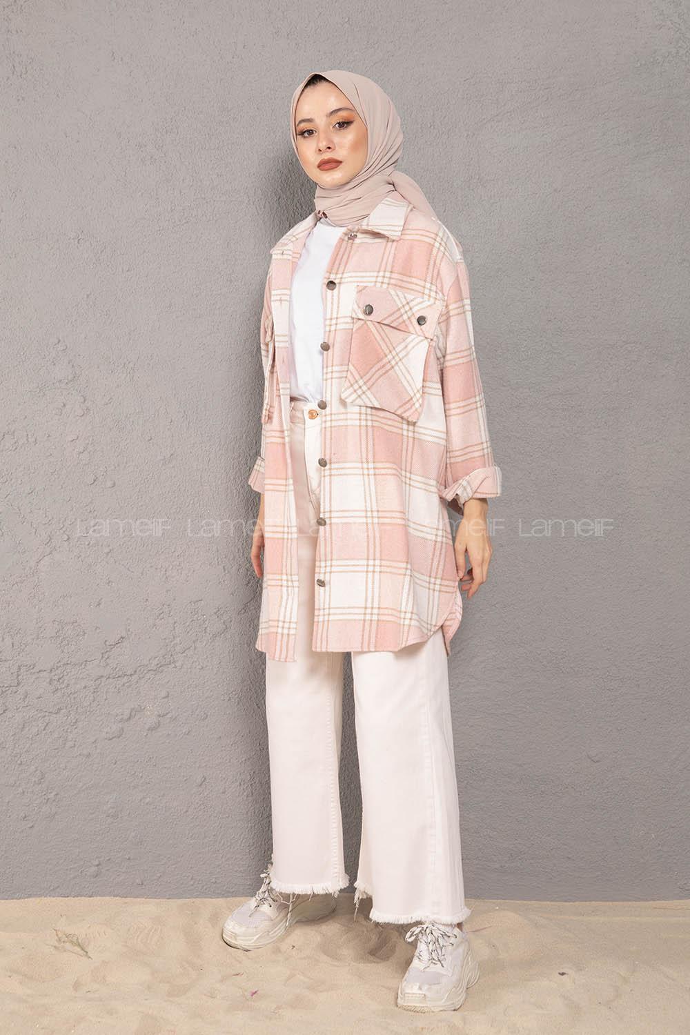 Modalamelif Körük Cepli Metal Düğme Ekose Gömlek Pudra