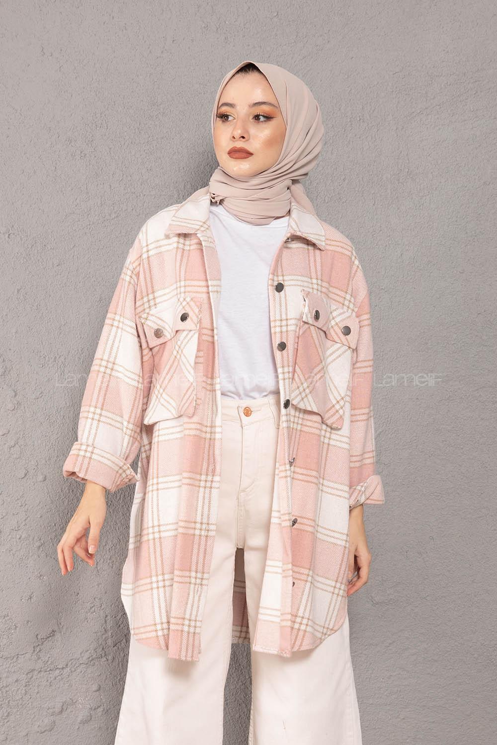 Modalamelif Körük Cepli Metal Düğme Ekose Gömlek Pudra