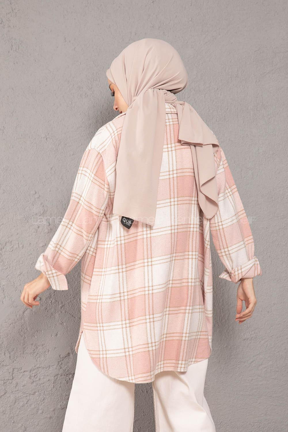 Modalamelif Körük Cepli Metal Düğme Ekose Gömlek Pudra