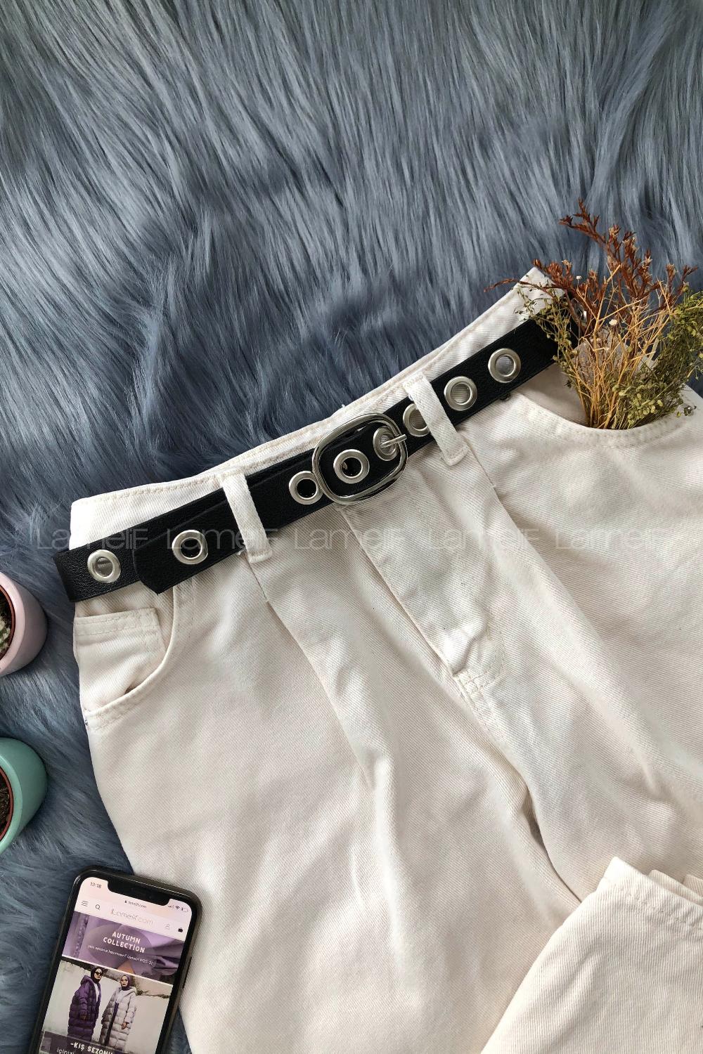 Modalamelif Elips Tokalı Kuşgözü Delikli Kemer Siyah