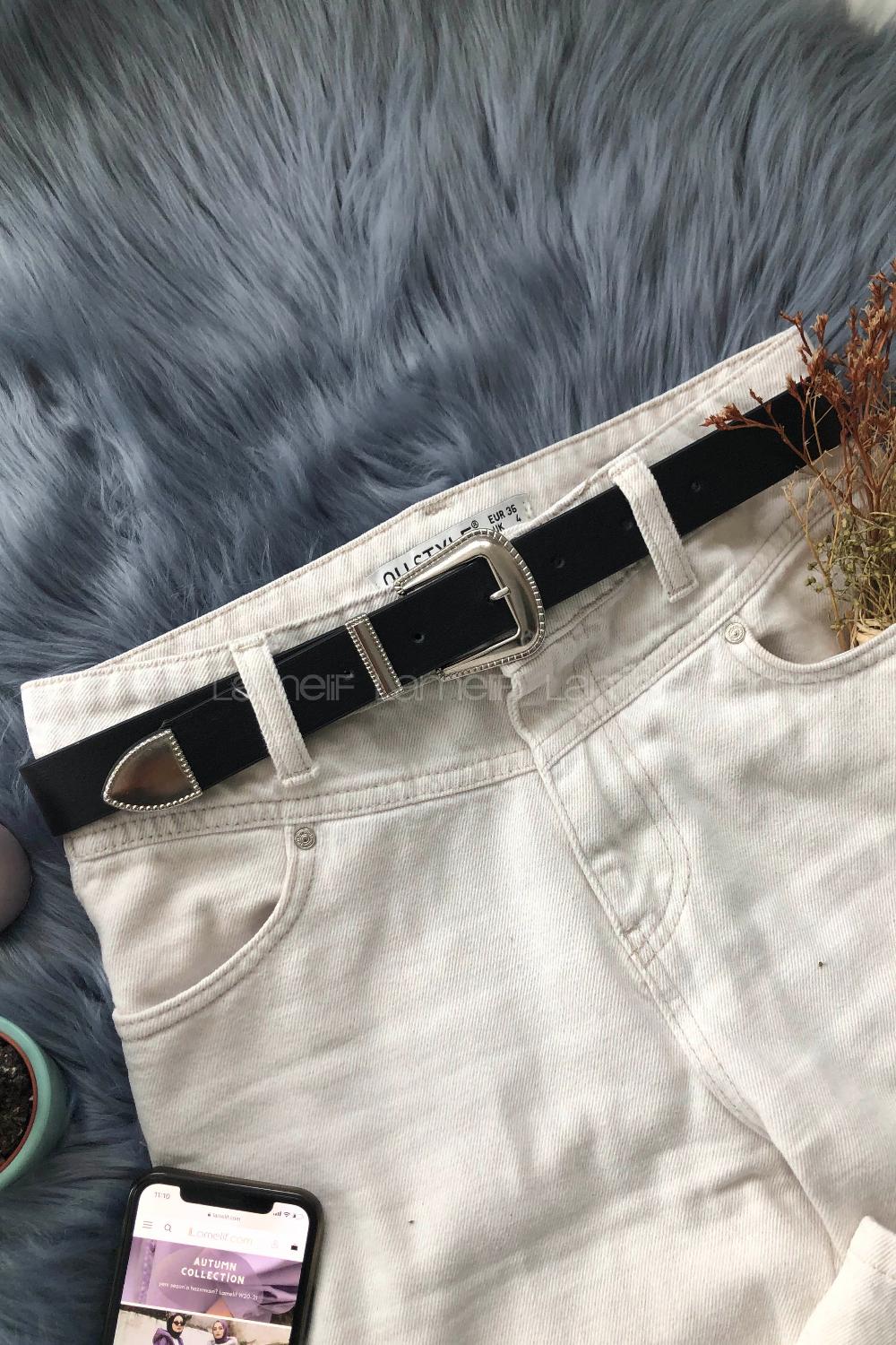 Modalamelif Retro Gümüş Tokalı Kemer Siyah