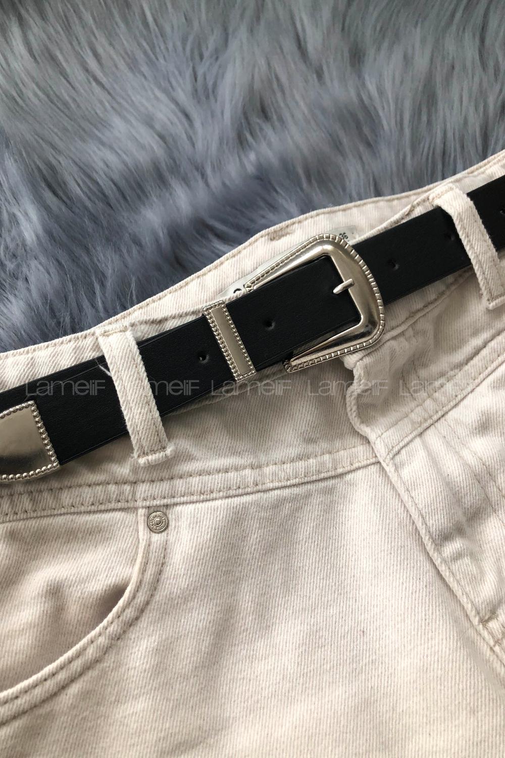 Modalamelif Retro Gümüş Tokalı Kemer Siyah