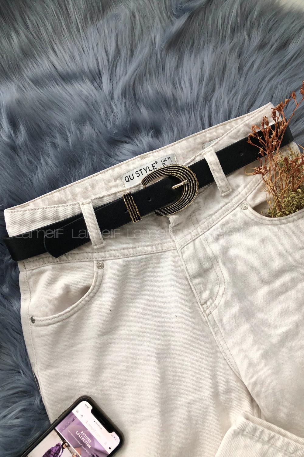 Modalamelif Retro İşlemeli Tokalı Altın Sarısı Kemer Siyah