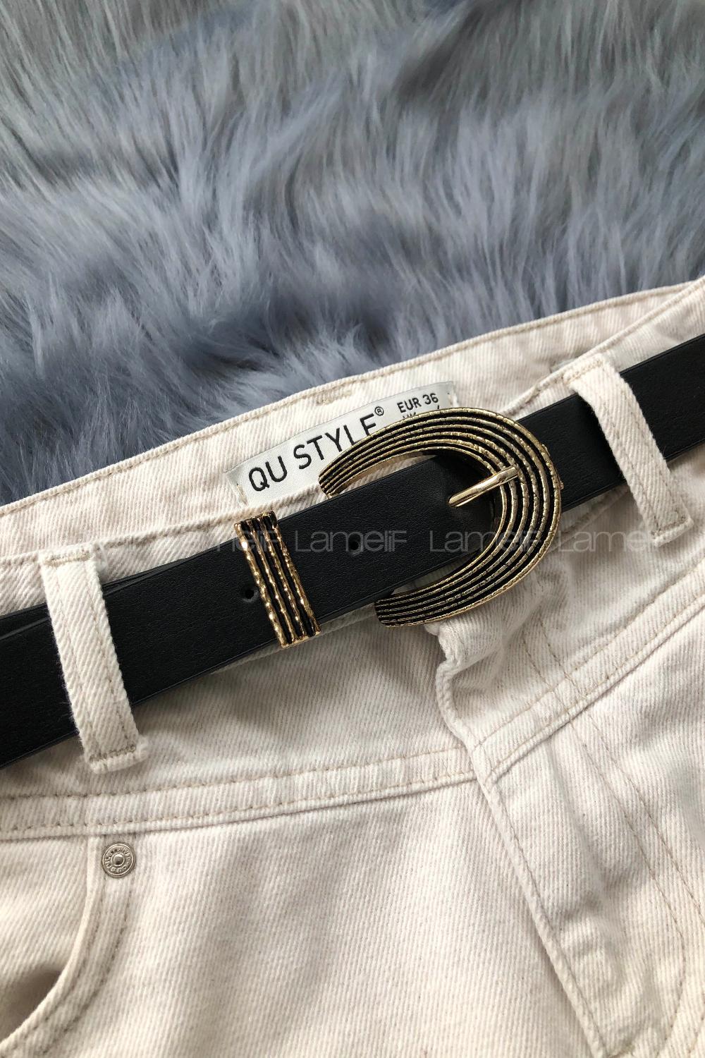 Modalamelif Retro İşlemeli Tokalı Altın Sarısı Kemer Siyah