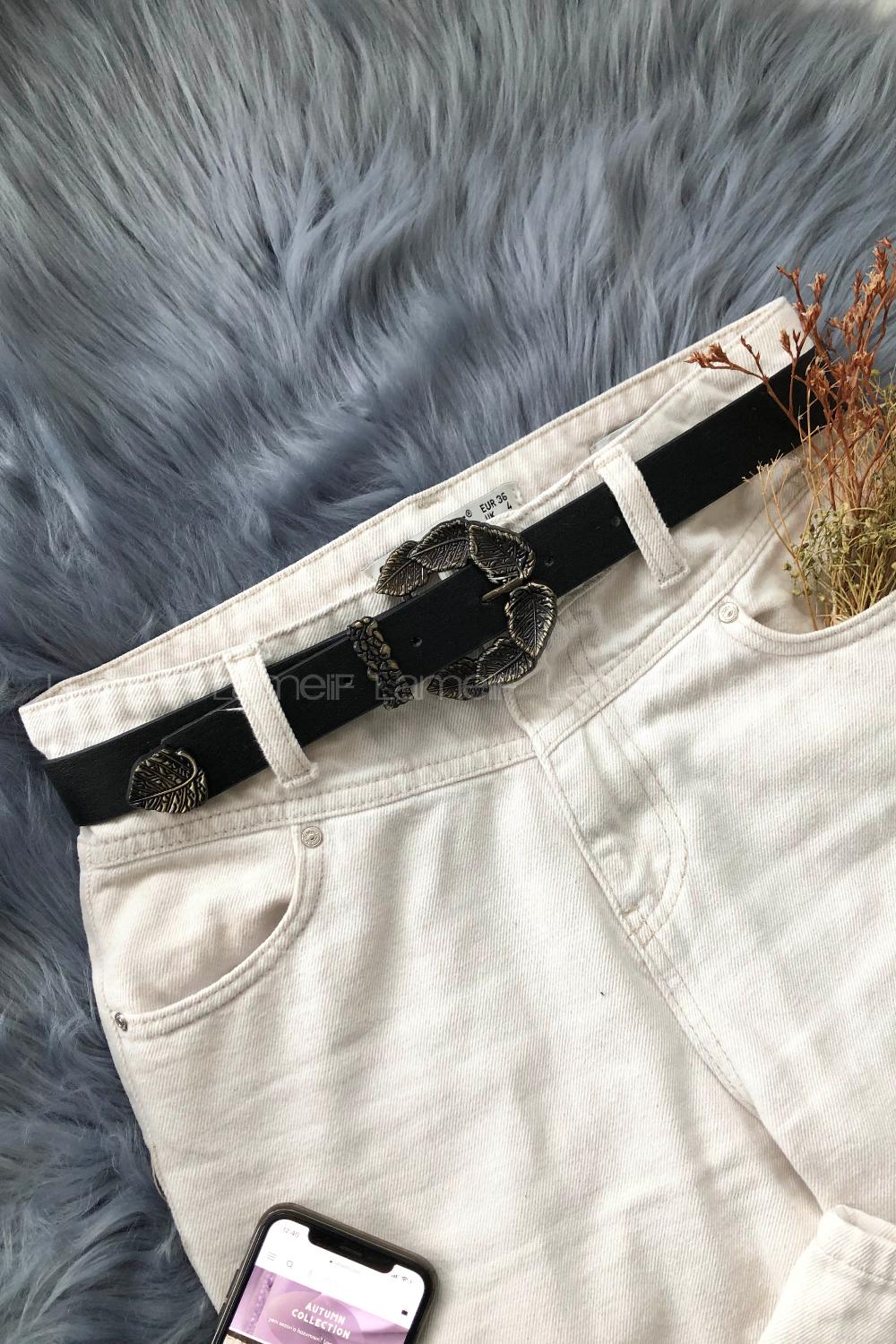 Modalamelif Vıntage Yaprak Tokalı Kemer Siyah