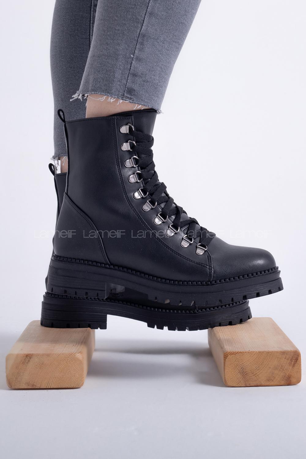 Modalamelif Bağlcıklı Siyah Deri Bot Siyah