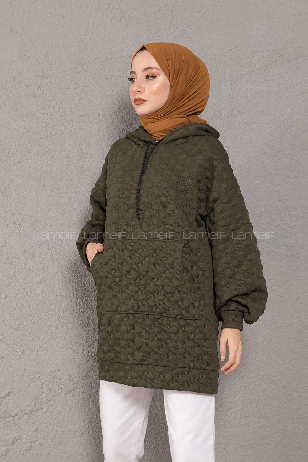 Modalamelif Balon Kol Jakarlı Sweatshirt Haki