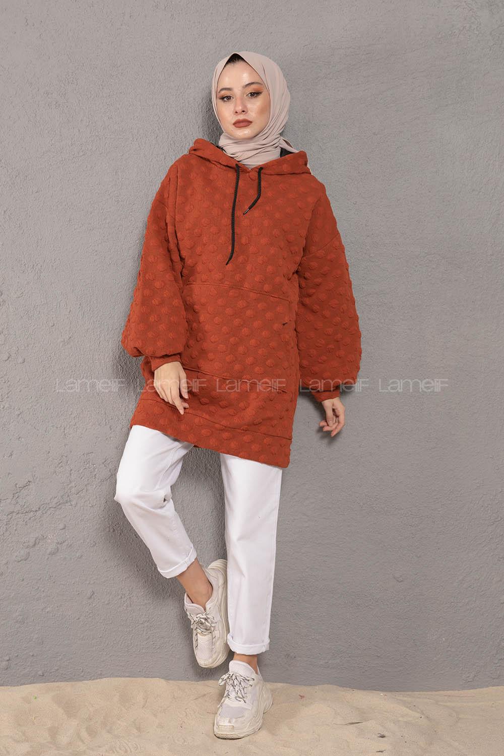 Modalamelif Balon Kol Jakarlı Sweatshirt Kiremit