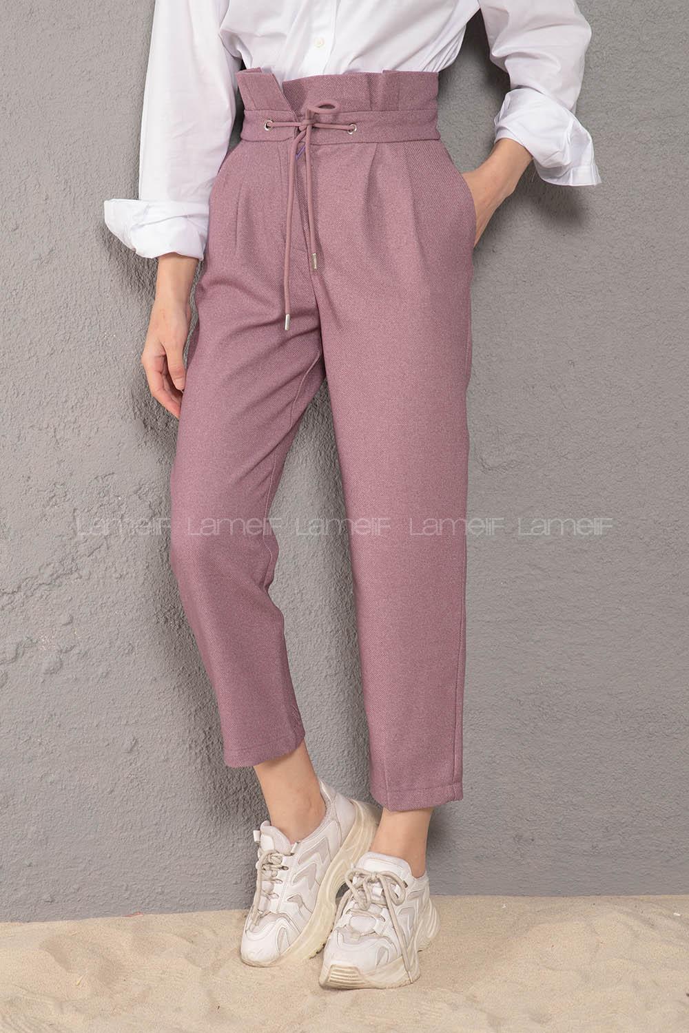 Modalamelif Bel Fırfırlı Kuşgözü Bağcıklı Pantolon Lila