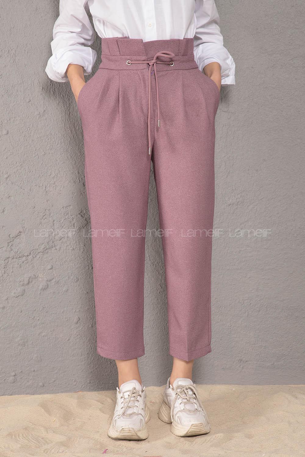 Modalamelif Bel Fırfırlı Kuşgözü Bağcıklı Pantolon Lila