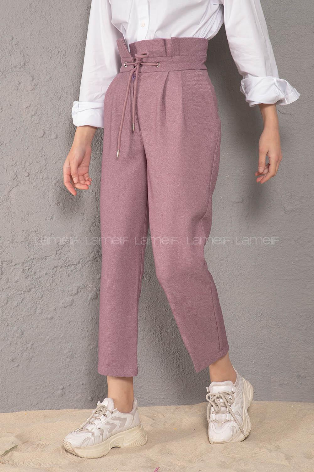 Modalamelif Bel Fırfırlı Kuşgözü Bağcıklı Pantolon Lila