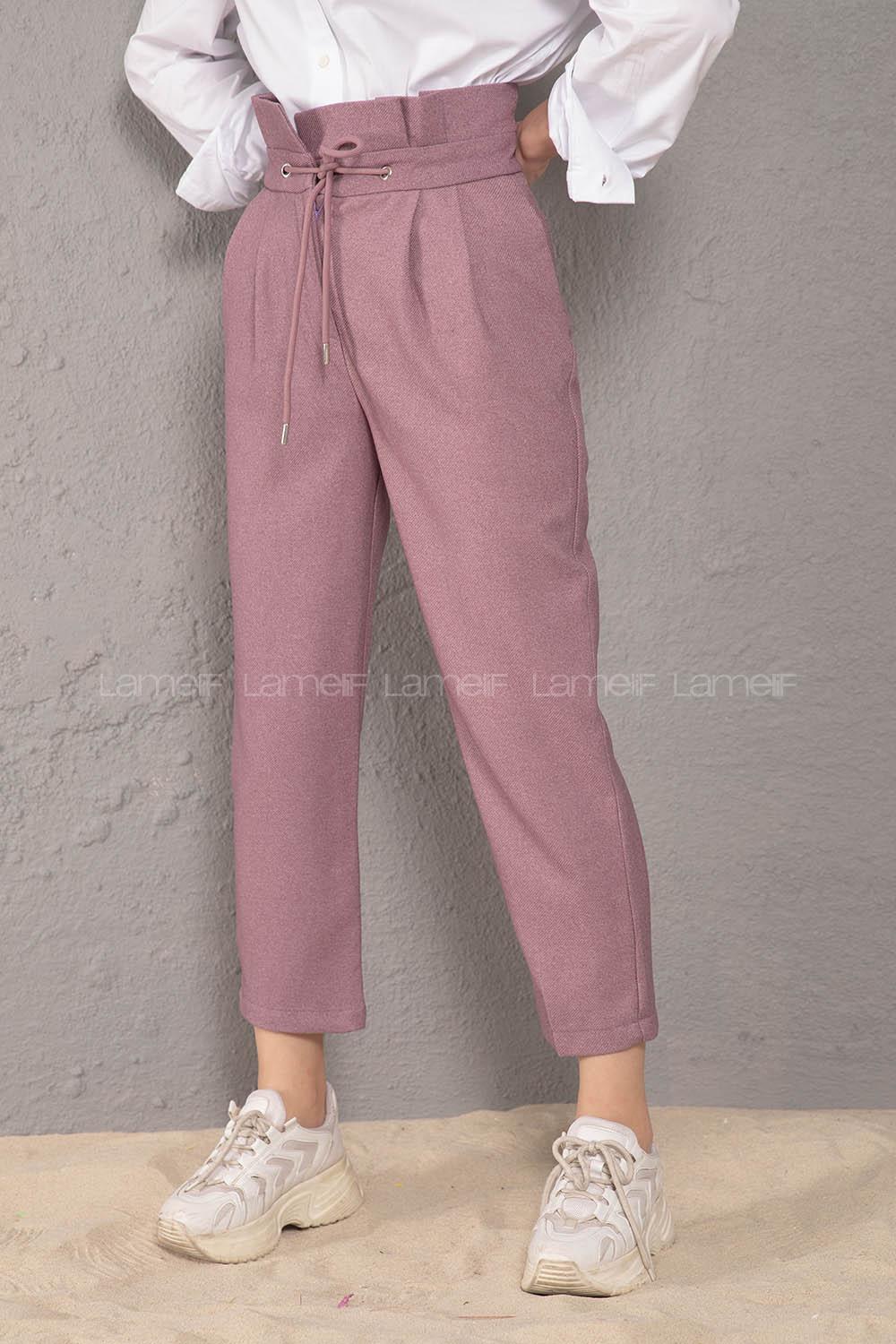 Modalamelif Bel Fırfırlı Kuşgözü Bağcıklı Pantolon Lila