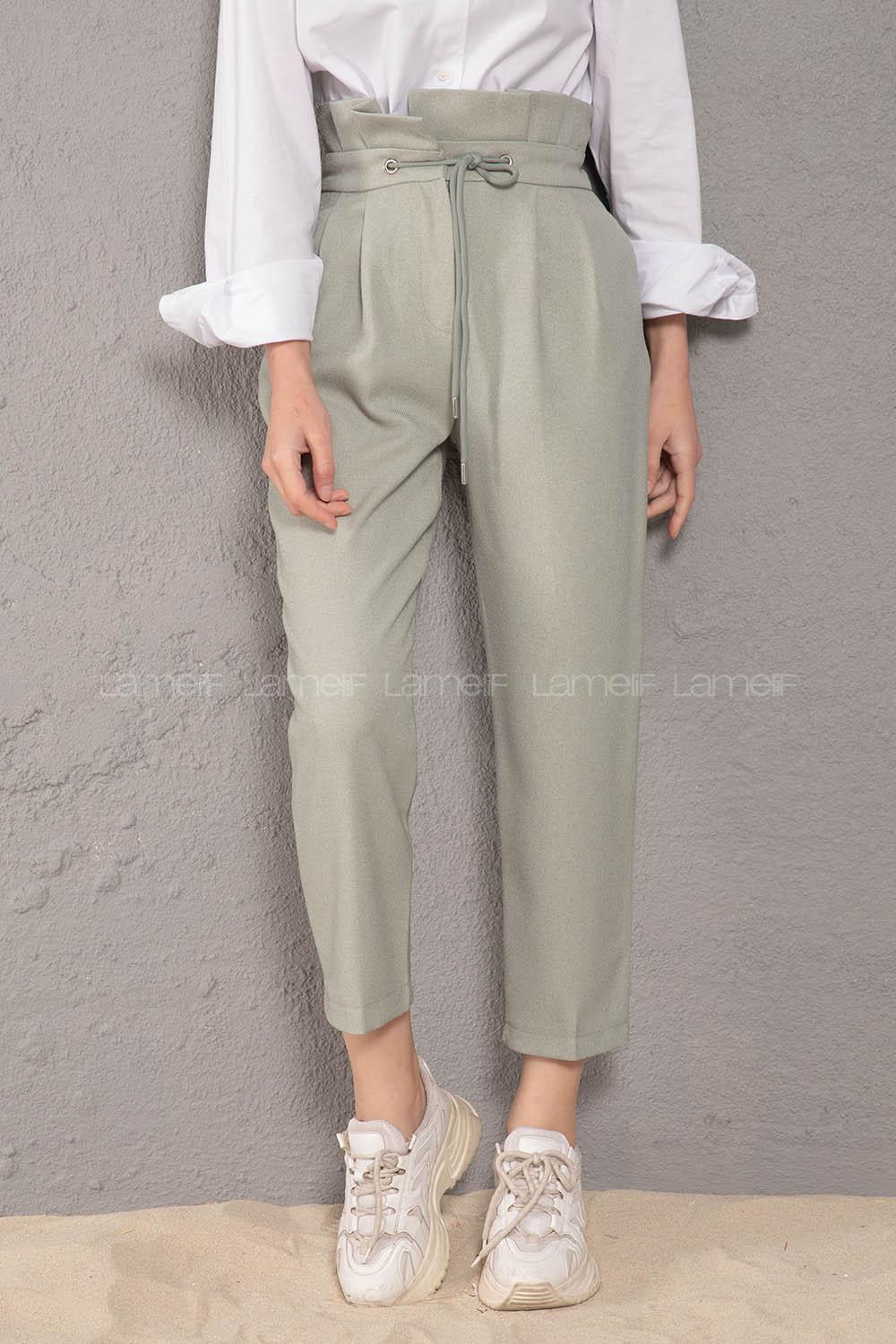 Modalamelif Bel Fırfırlı Kuşgözü Bağcıklı Pantolon Mint Yeşili