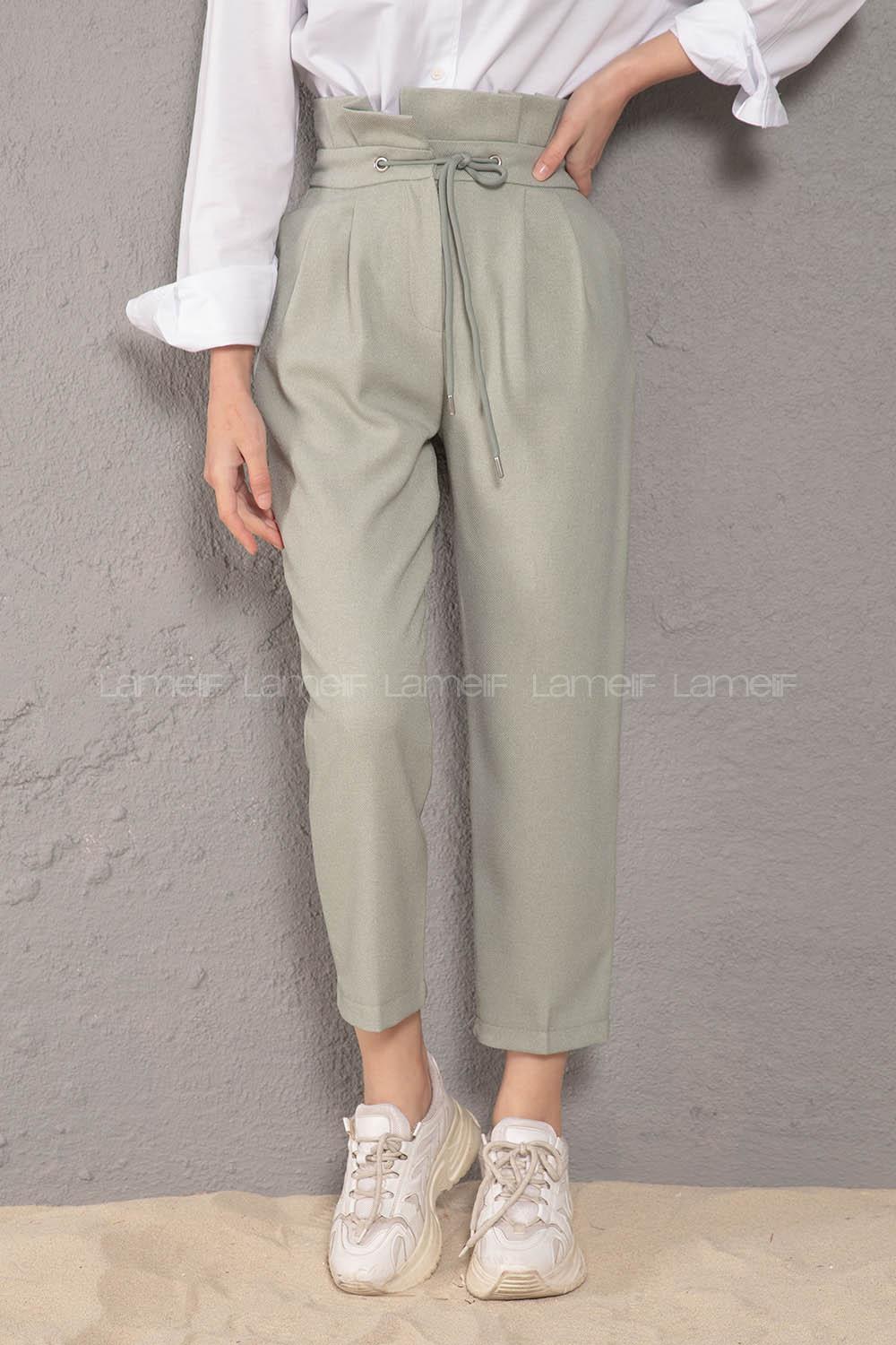 Modalamelif Bel Fırfırlı Kuşgözü Bağcıklı Pantolon Mint Yeşili