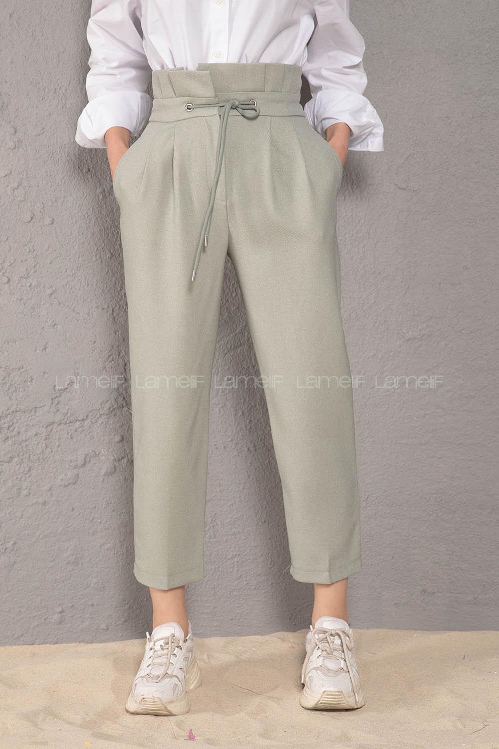 Modalamelif Bel Fırfırlı Kuşgözü Bağcıklı Pantolon Mint Yeşili