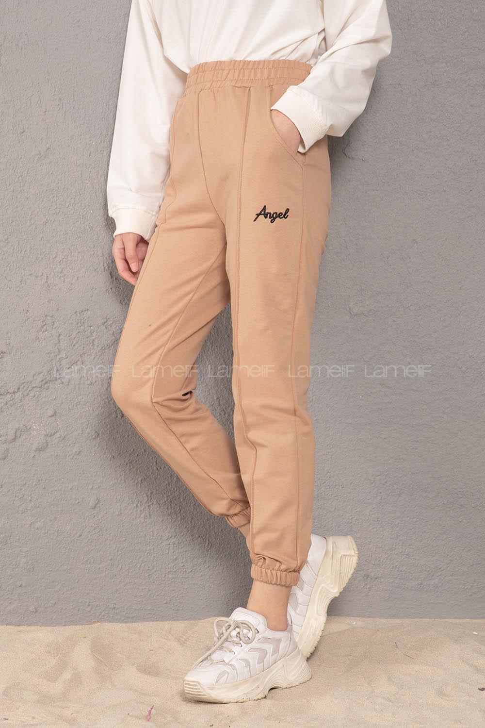 Modalamelif Beli Lastikli Angel Nakışlı Eşofman Sütlü Kahve