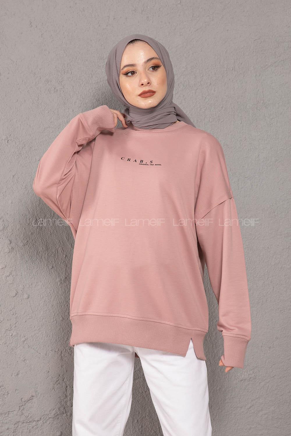 Modalamelif Crab s Yazı Baskılı Sweatshirt Pudra