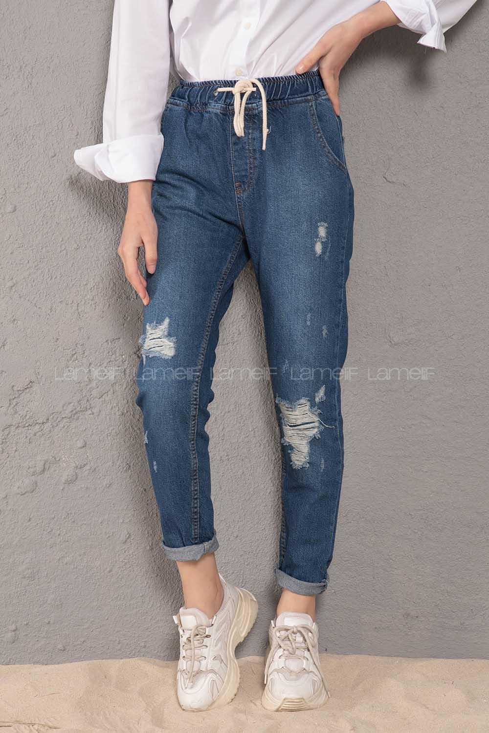 Modalamelif  İp Kuşaklı Peçli Mom Koyu Mavi