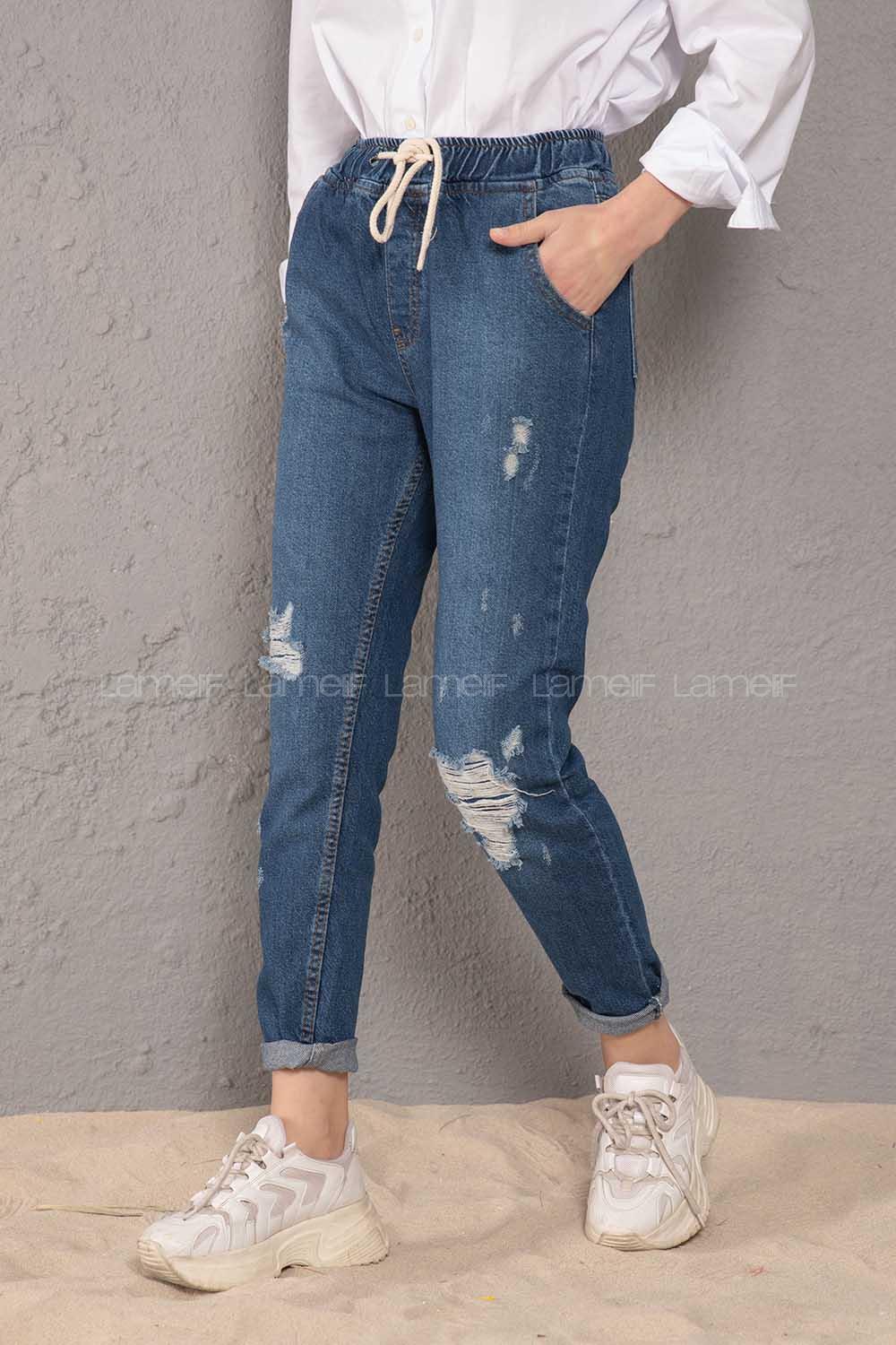 Modalamelif  İp Kuşaklı Peçli Mom Koyu Mavi