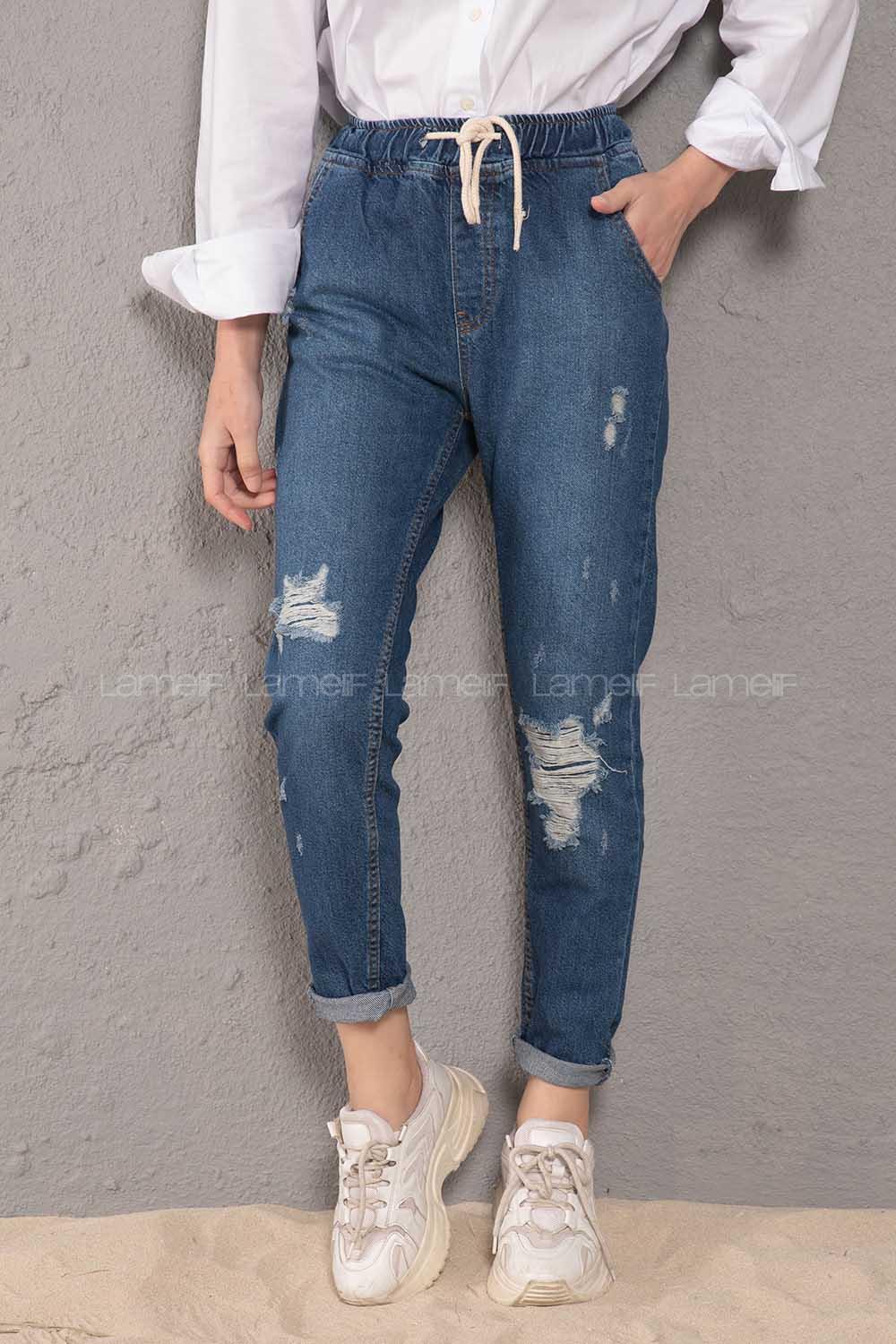 Modalamelif  İp Kuşaklı Peçli Mom Koyu Mavi