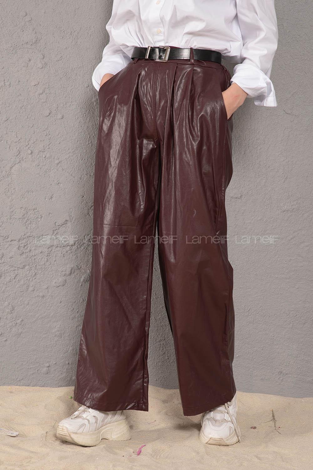 Modalamelif Kemerli Bol Paça Deri Pantolon Bordo