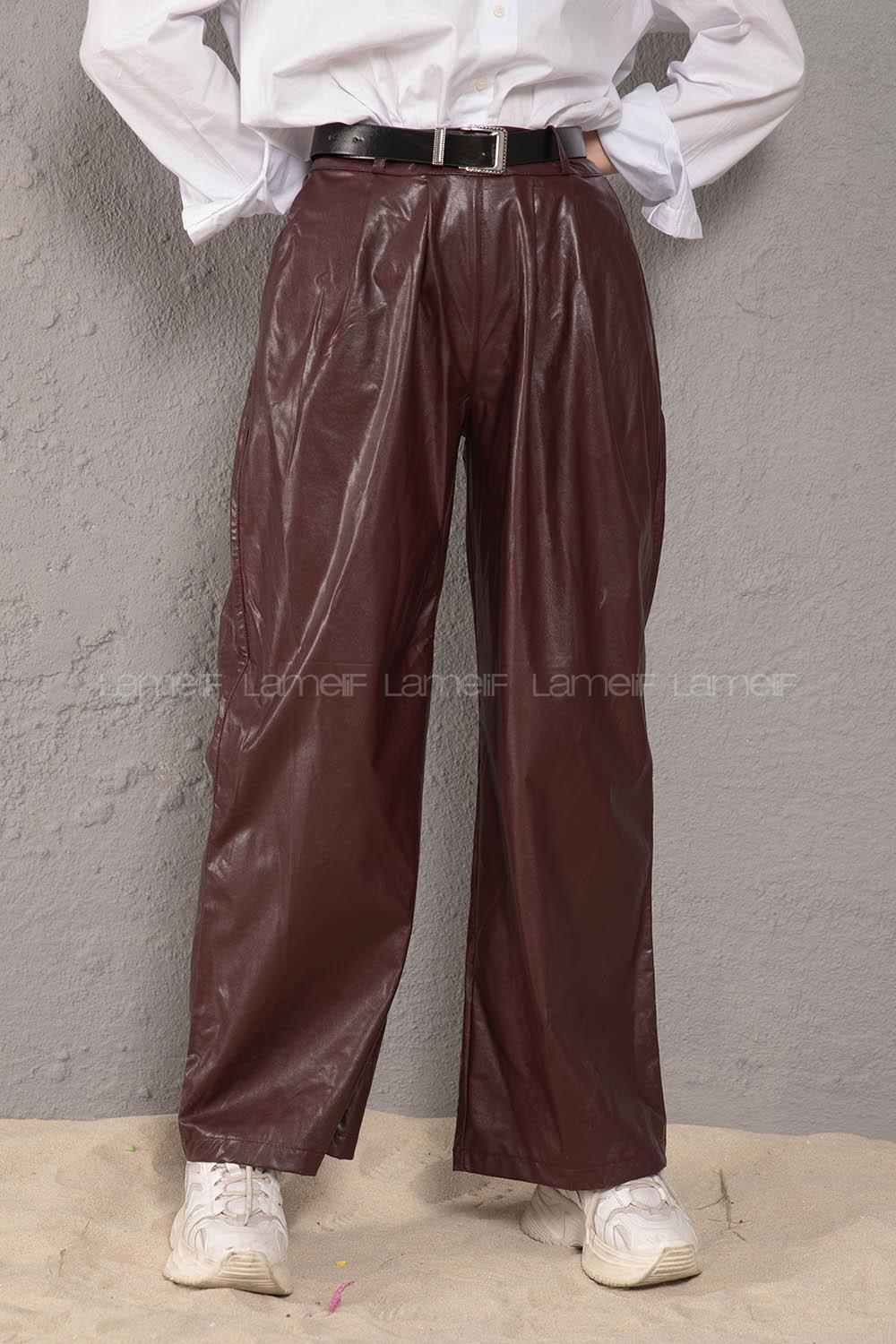 Modalamelif Kemerli Bol Paça Deri Pantolon Bordo