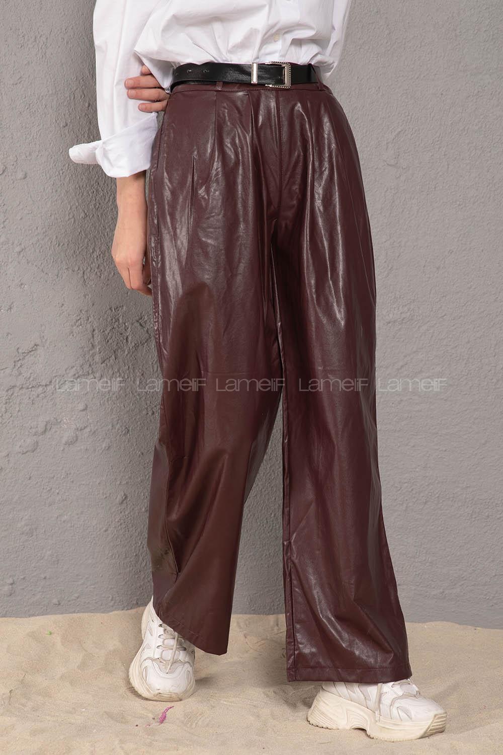 Modalamelif Kemerli Bol Paça Deri Pantolon Bordo