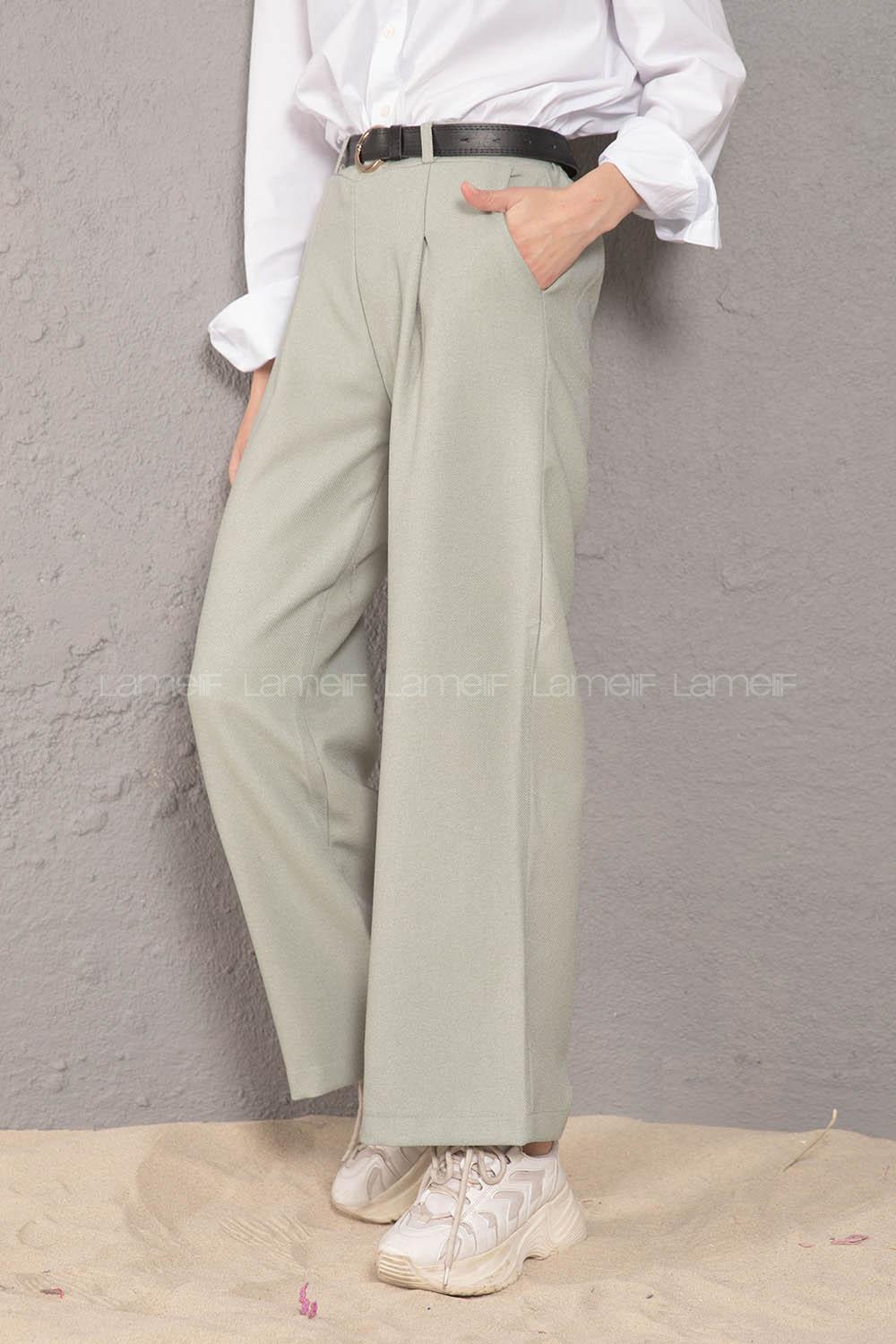 Modalamelif Kemerli Bol Paça Pantolon Mint Yeşili