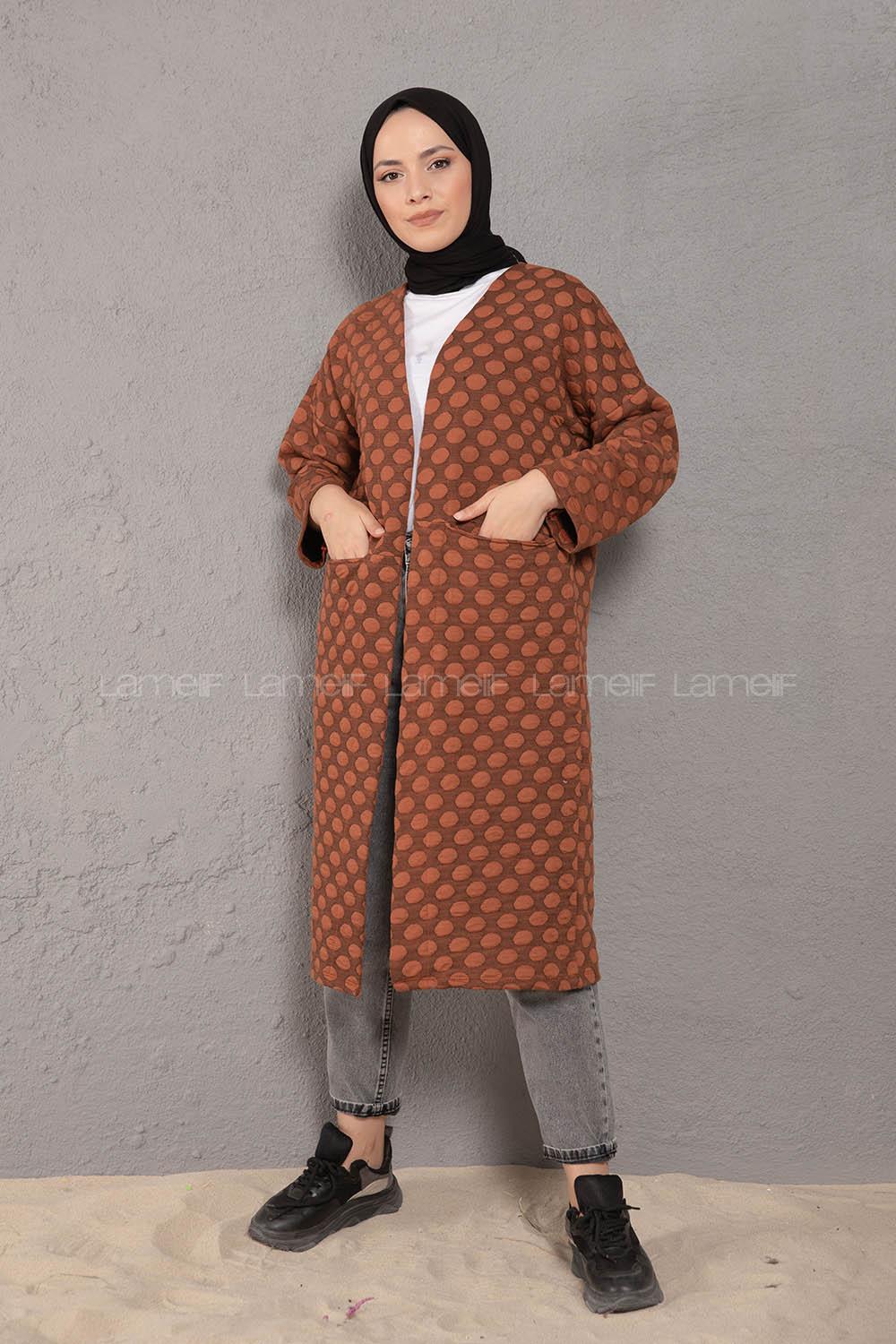 Modalamelif Körük Cepli Jakarlı Uzun Hırka Kahverengi