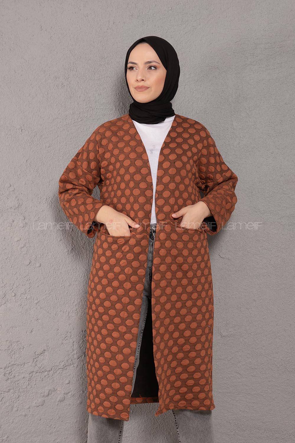 Modalamelif Körük Cepli Jakarlı Uzun Hırka Kahverengi