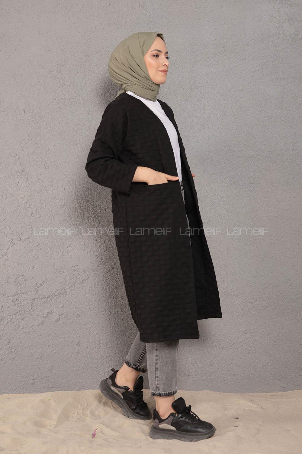 Modalamelif Körük Cepli Jakarlı Uzun Hırka Siyah