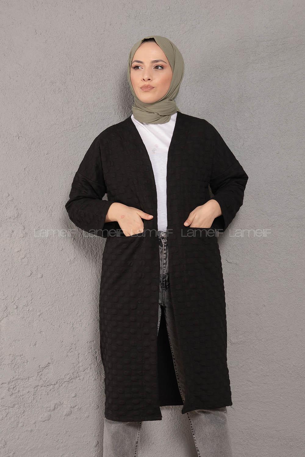 Modalamelif Körük Cepli Jakarlı Uzun Hırka Siyah
