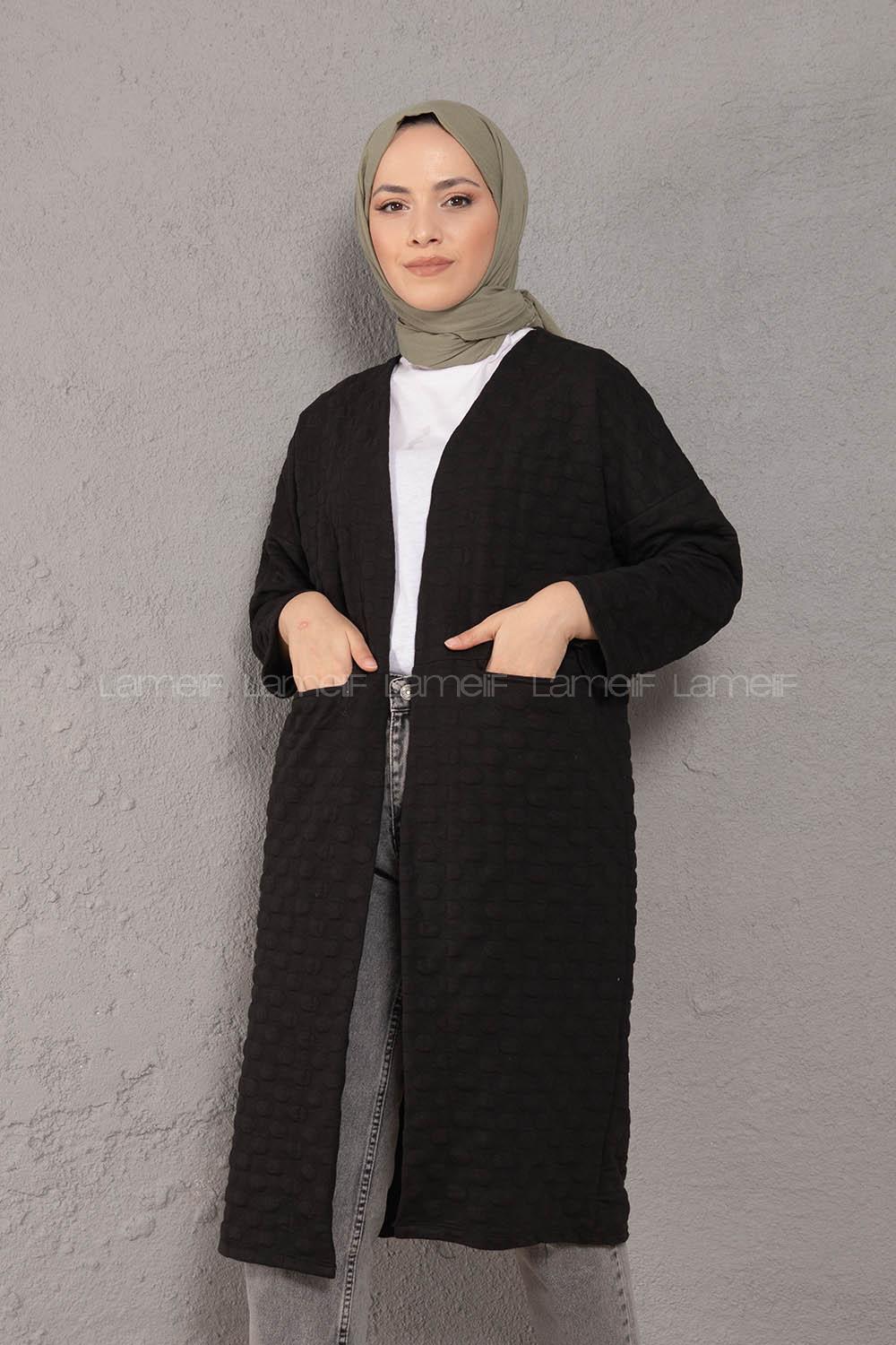 Modalamelif Körük Cepli Jakarlı Uzun Hırka Siyah