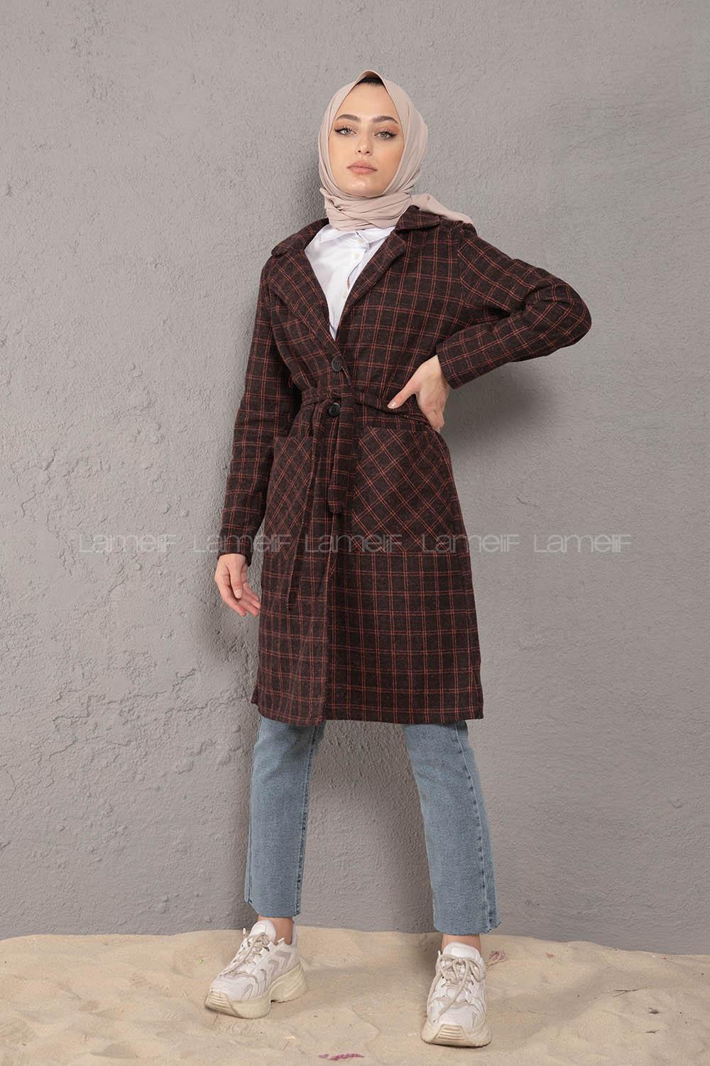 Modalamelif Kuşaklı Ekose Desen Uzun Ceket Kiremit