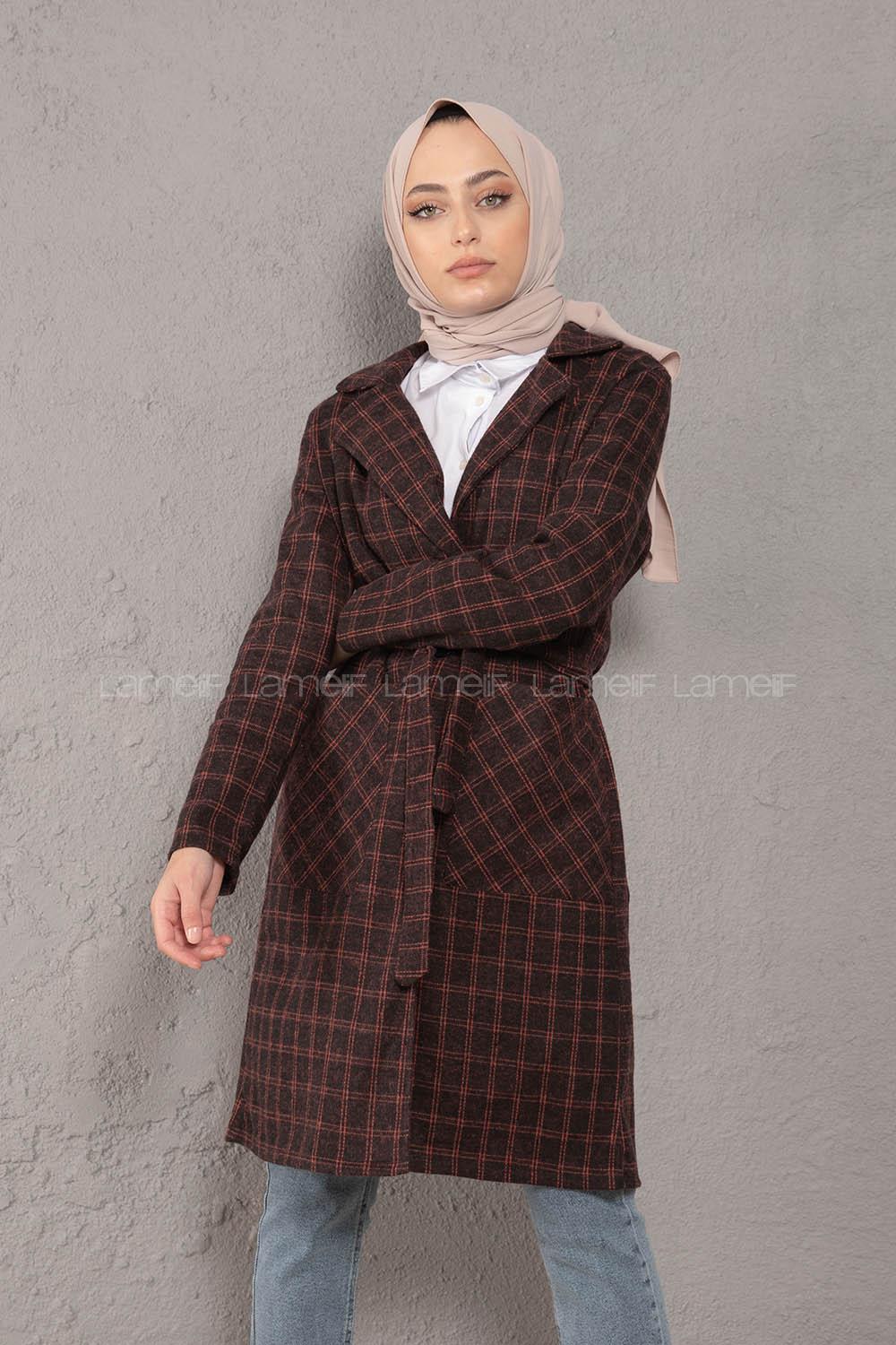 Modalamelif Kuşaklı Ekose Desen Uzun Ceket Kiremit