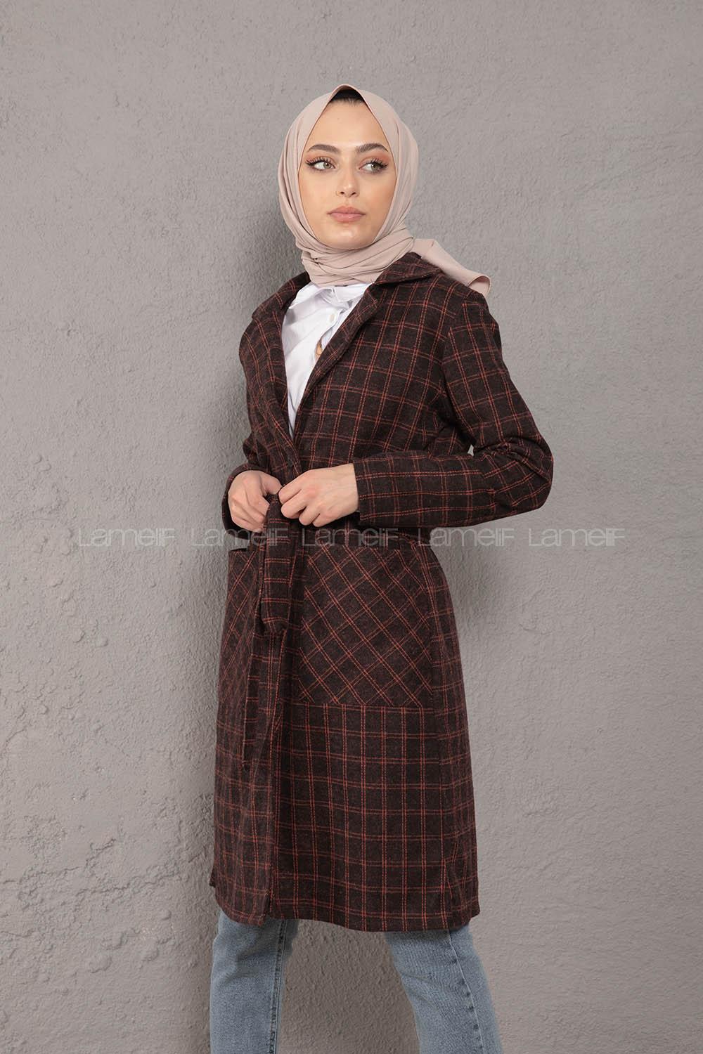 Modalamelif Kuşaklı Ekose Desen Uzun Ceket Kiremit