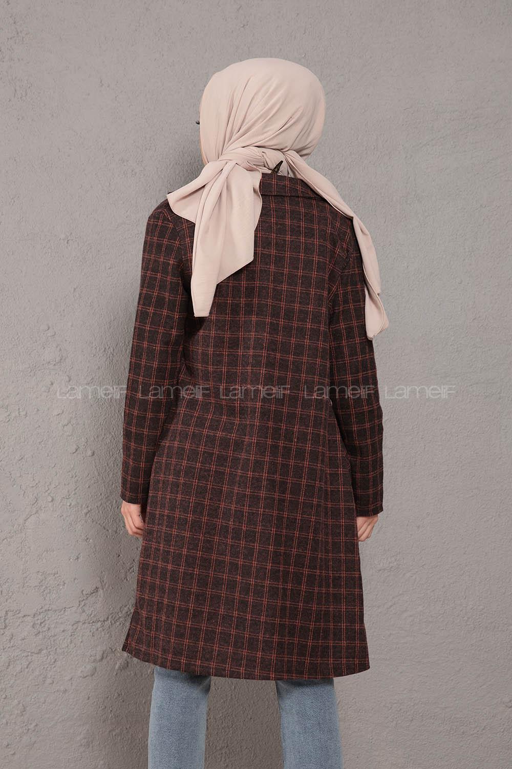 Modalamelif Kuşaklı Ekose Desen Uzun Ceket Kiremit