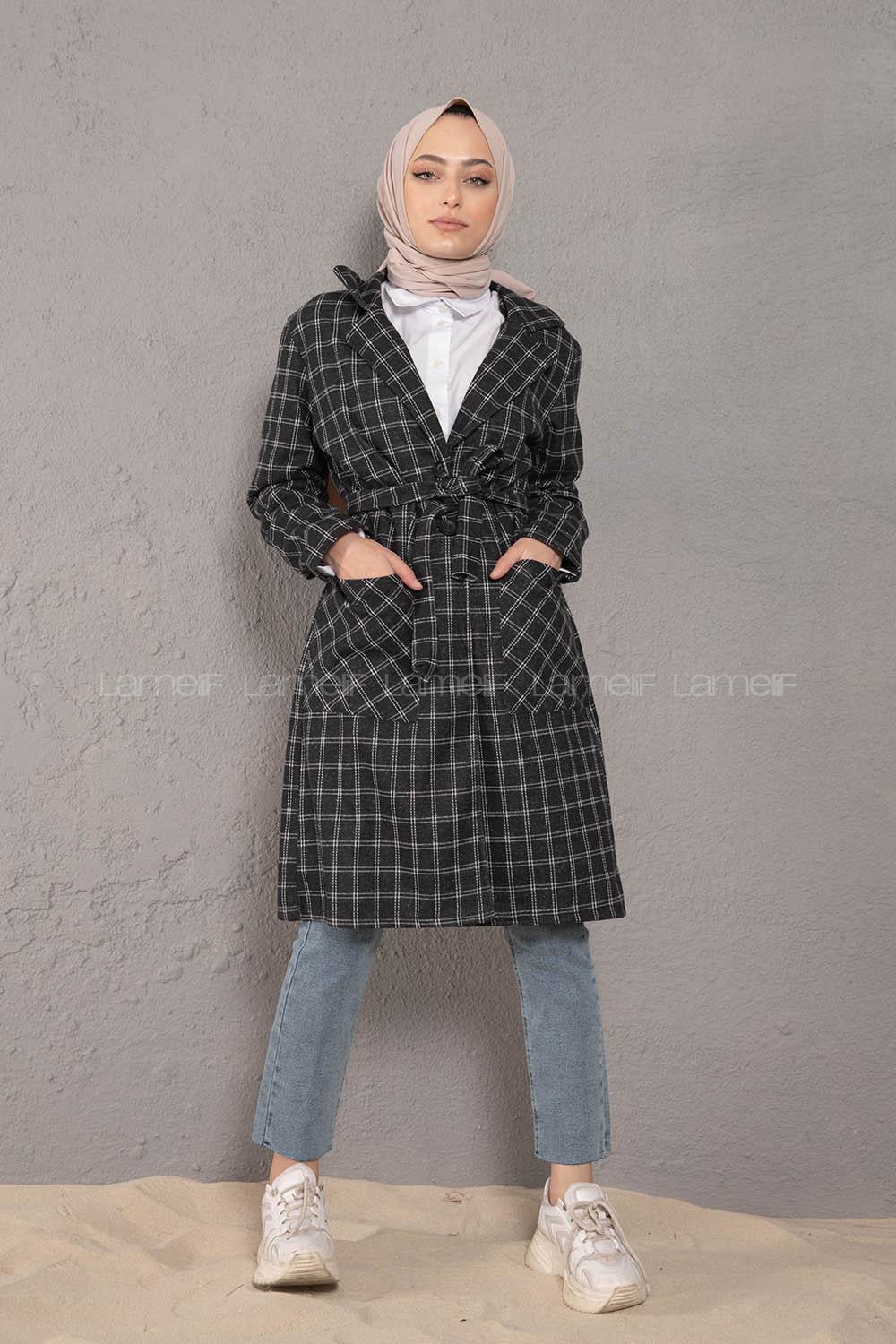 Modalamelif Kuşaklı Ekose Desen Uzun Ceket Siyah Beyaz