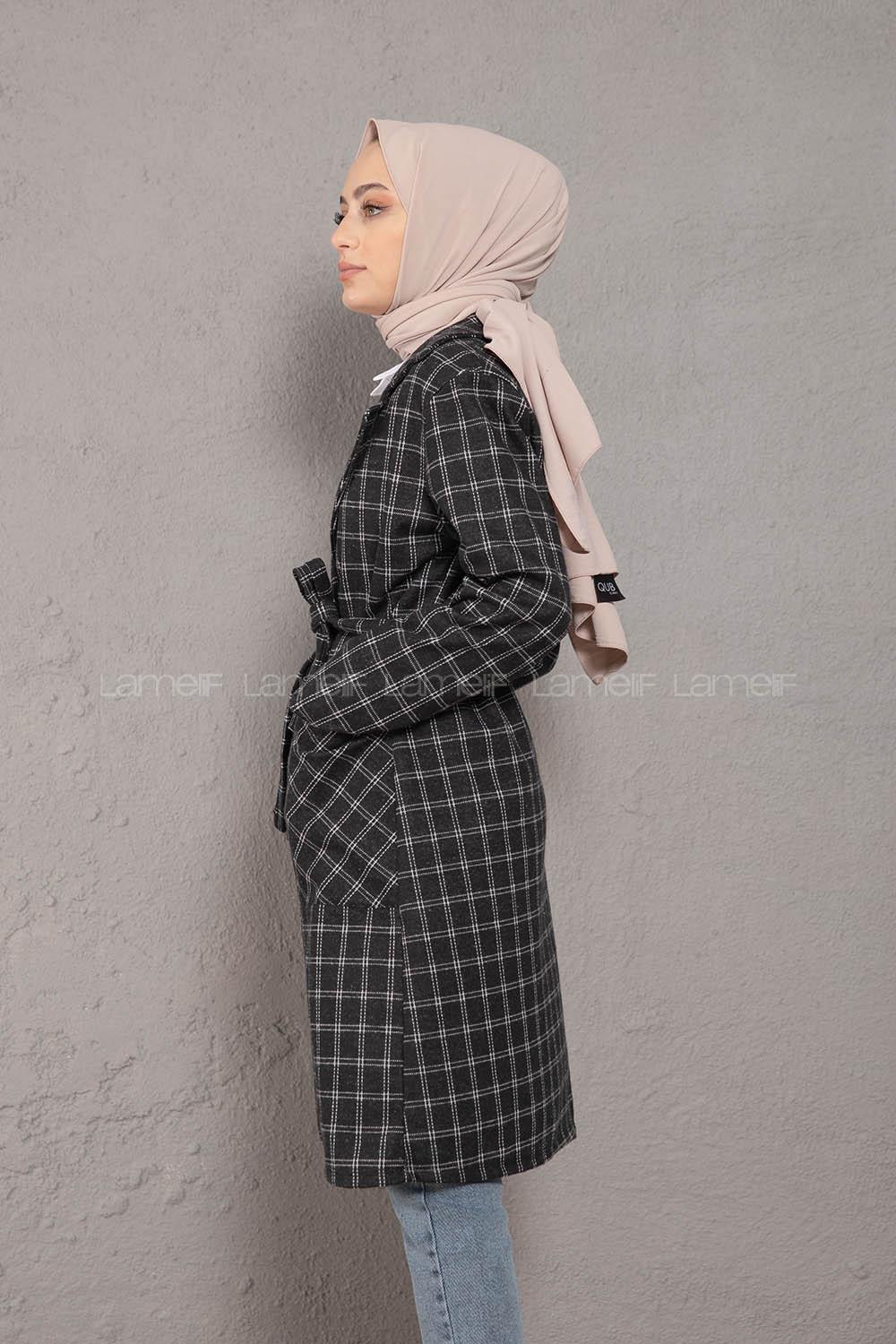 Modalamelif Kuşaklı Ekose Desen Uzun Ceket Siyah Beyaz