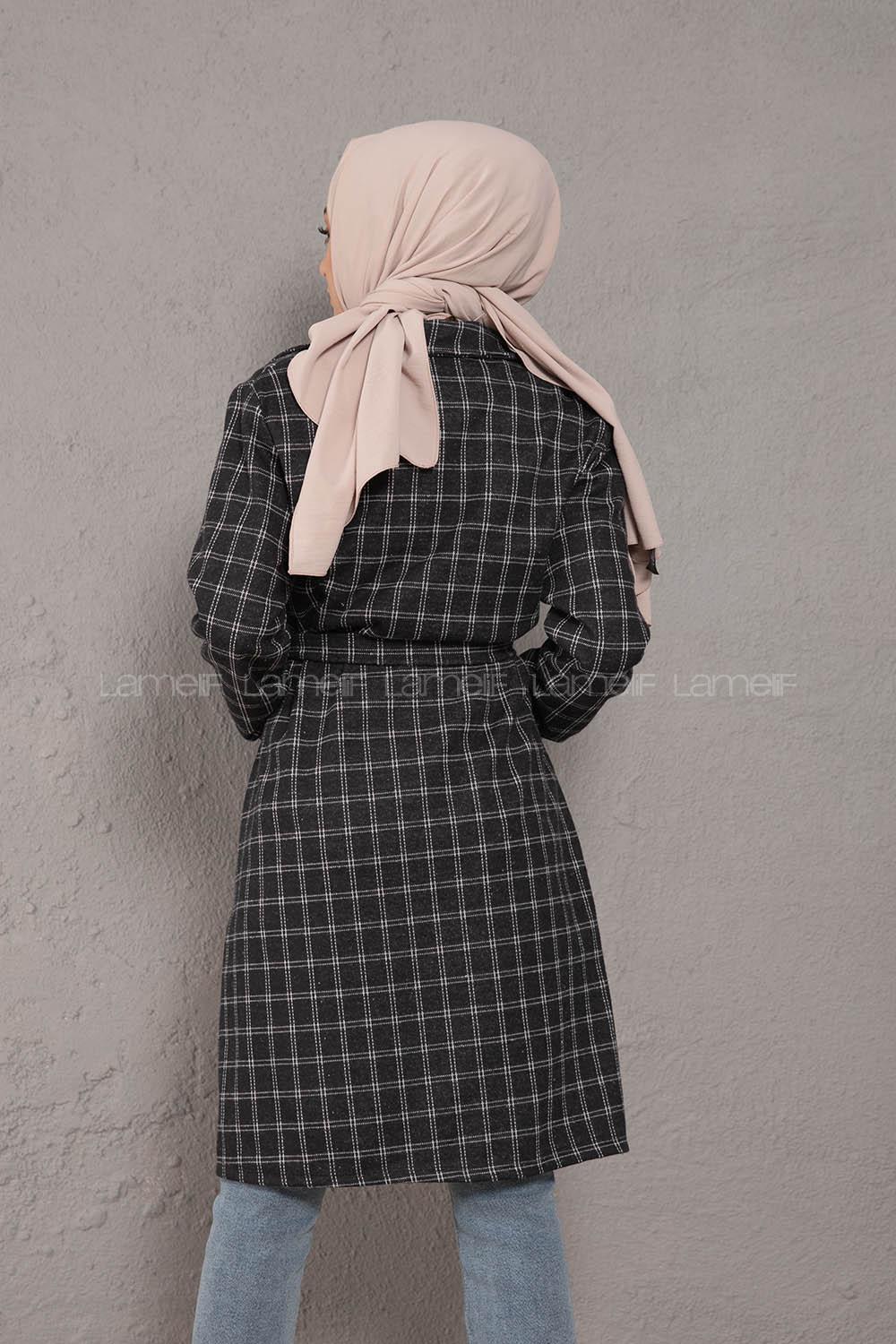 Modalamelif Kuşaklı Ekose Desen Uzun Ceket Siyah Beyaz
