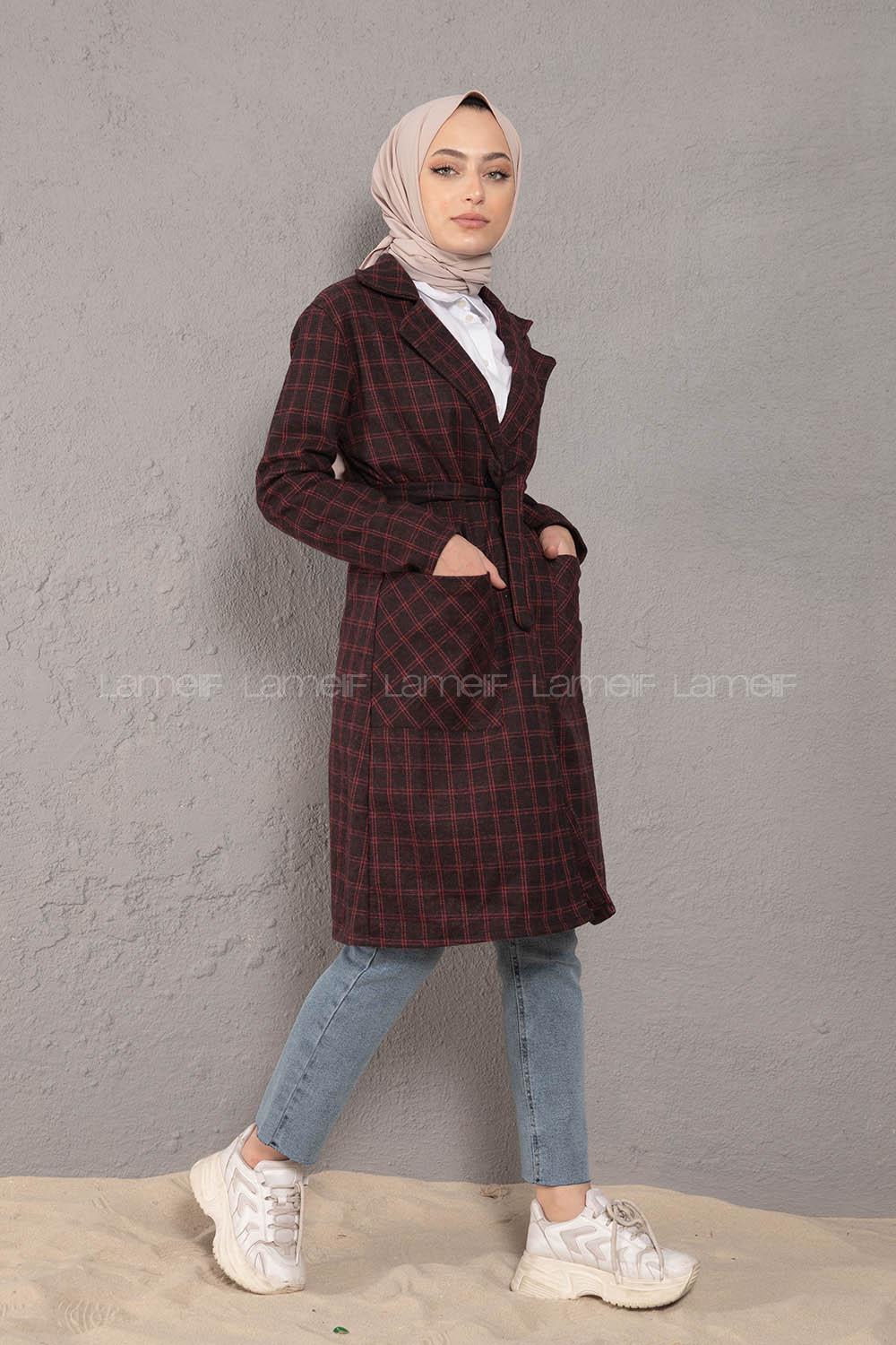 Modalamelif Kuşaklı Ekose Desen Uzun Ceket Siyah Bordo